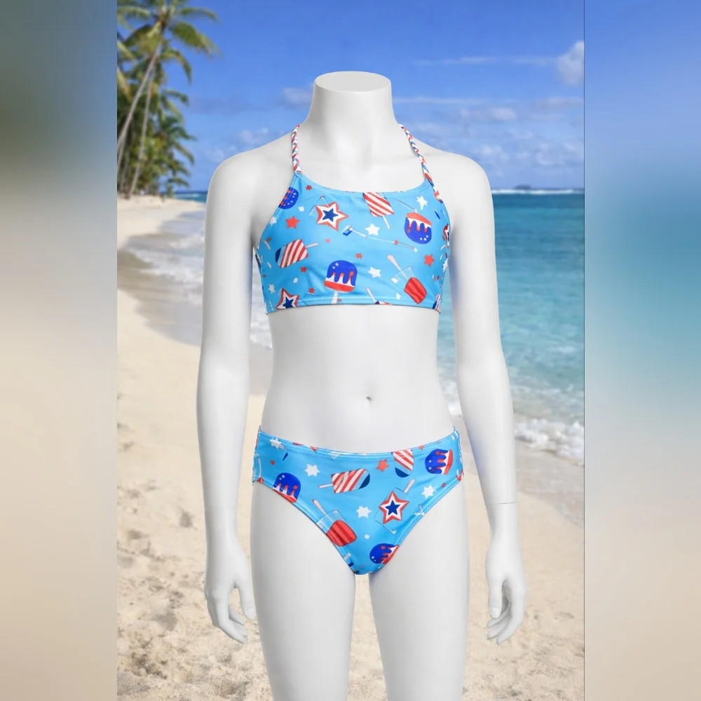 Breaking‎ Waves Girls Bikini Swimsuit Size 12 UPF 50+ Patriotic Popsicles